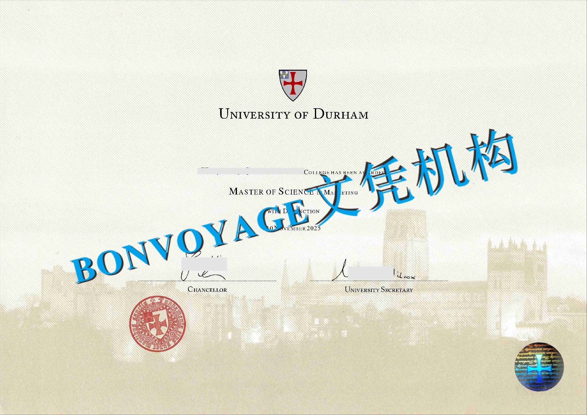 杜伦大学毕业证书电子版