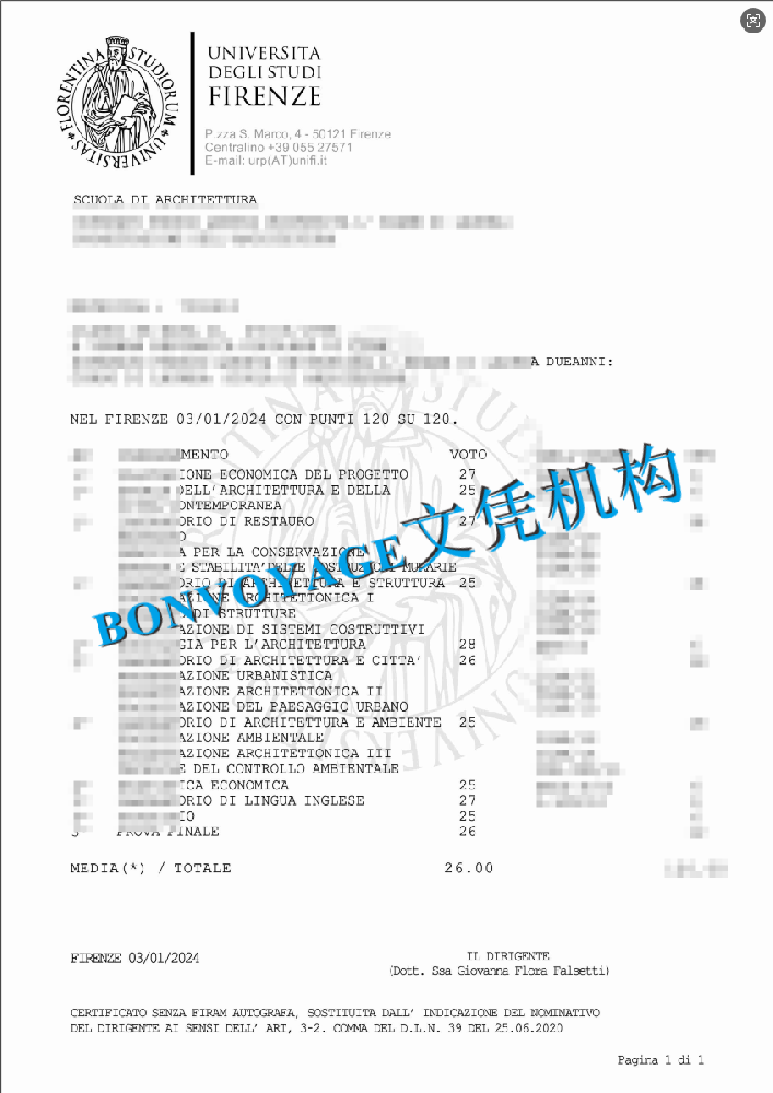 佛罗伦萨大学成绩单电子版复刻/佛罗伦萨大学成绩单制作